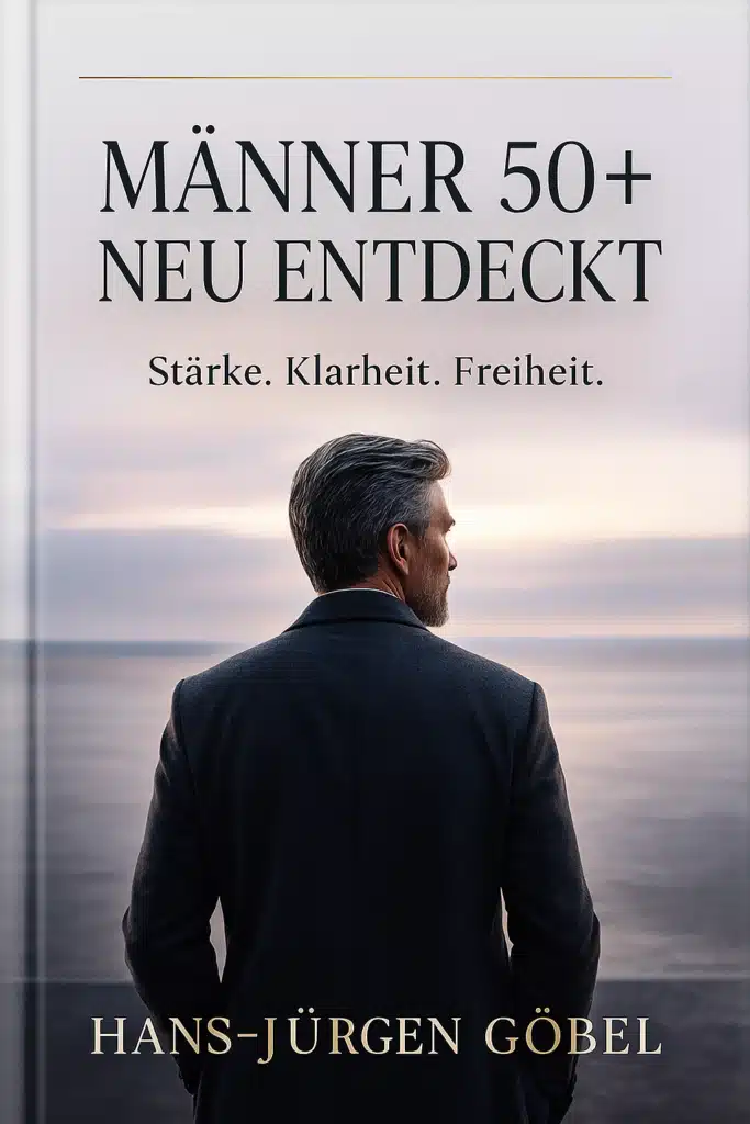 Buchcover von "Männer 50+ Neu entdeckt: Stärke. Klarheit. Freiheit." von Hans-Jürgen Göbel, das einen Mann im Anzug zeigt, der am Meer steht und in die Ferne blickt – Symbol für Reife und neue Perspektiven.