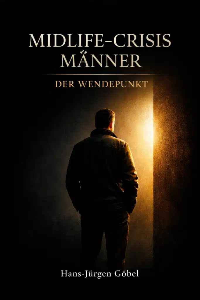 Buchcover von "Midlife-Crisis Männer: Der Wendepunkt" von Hans-Jürgen Göbel, das einen Mann zeigt, der vor einem hell erleuchteten Durchgang steht und symbolisch in eine neue Lebensphase blickt. Neustart ab 50, Leben neu beginnen mit 50, Midlife Krise Männer, Neuanfang im Leben ab 50, persönliche Entwicklung ab 50