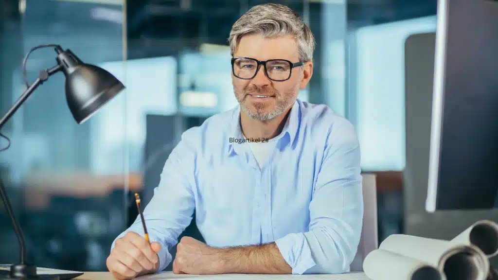 Männer 50+: Ein lächelnder, erfahrener Mann im Büro mit Plänen und Bleistift – Symbol für Selbstbewusstsein, Kompetenz und den Neustart ab 50 im Jahr 2026.