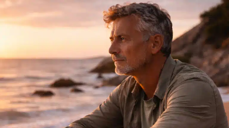 Männer 50+: Ein nachdenklicher Mann am Meer bei Sonnenuntergang – Symbol für Reflexion, innere Ruhe und neue Perspektiven beim Neustart ab 50 im Jahr 2026. Männer 50+ Neustart ab 50: So gelingt dir der echte Neuanfang 2026. Neustart ab 50