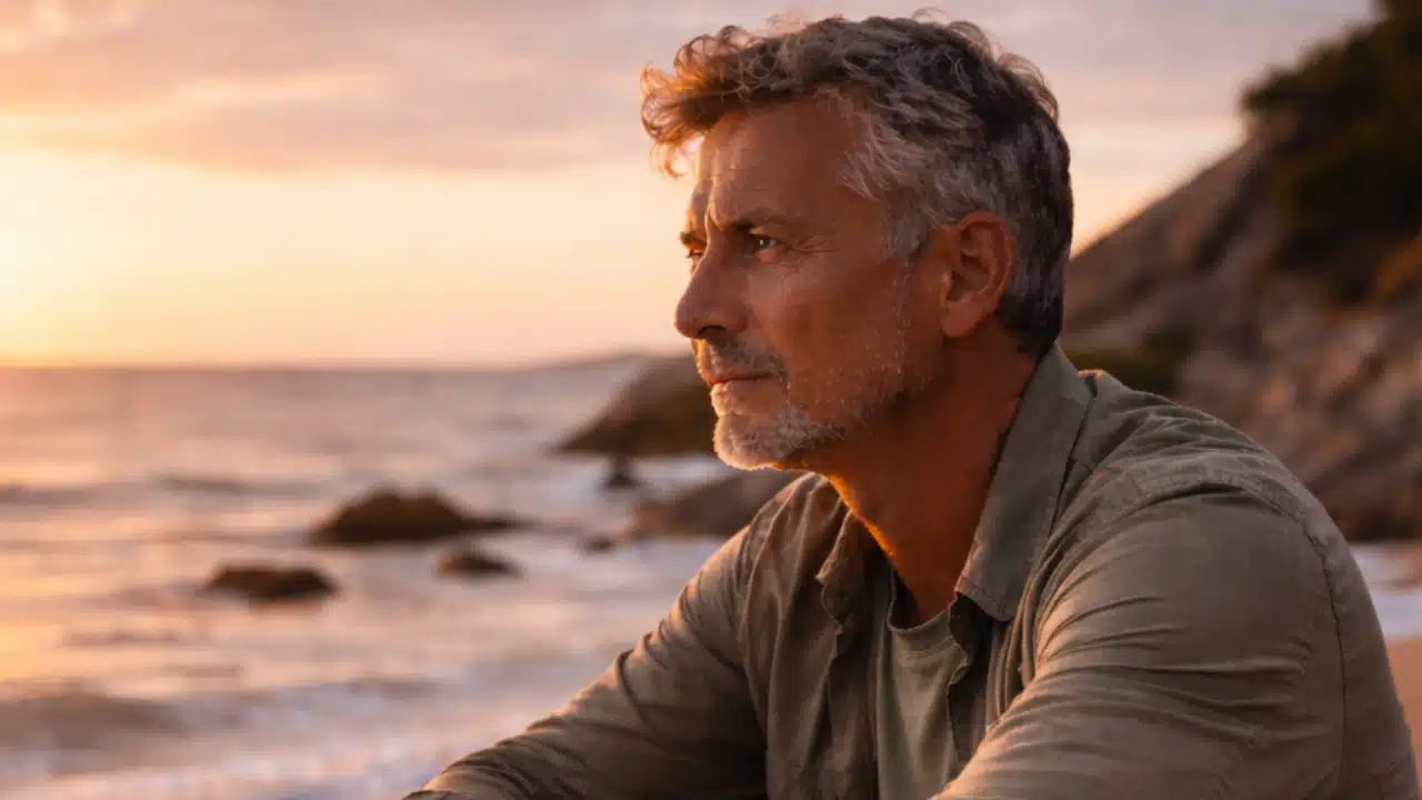 Männer 50+: Ein nachdenklicher Mann am Meer bei Sonnenuntergang – Symbol für Reflexion, innere Ruhe und neue Perspektiven beim Neustart ab 50 im Jahr 2026. Männer 50+ Neustart ab 50: So gelingt dir der echte Neuanfang 2026. Neustart ab 50