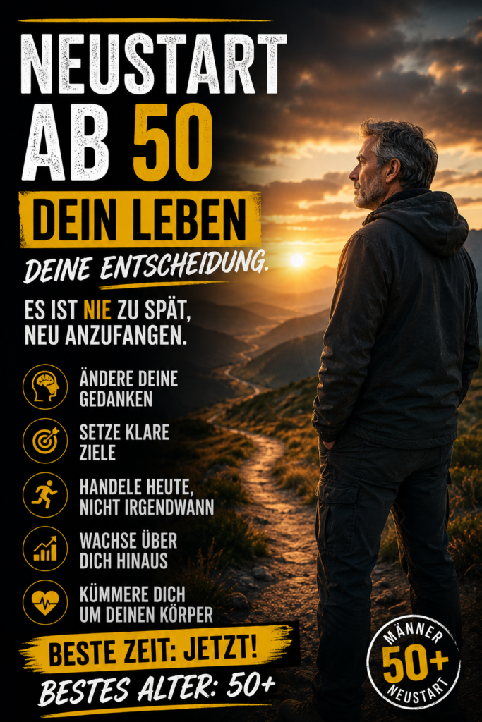 Älterer Mann steht auf einem Bergpfad bei Sonnenuntergang und blickt in die Ferne. Text: 'Neustart ab 50 – Dein Leben, deine Entscheidung. Es ist nie zu spät, neu anzufangen.' mit Aufzählungen zu Zielen, Gesundheit und Selbstfürsorge.