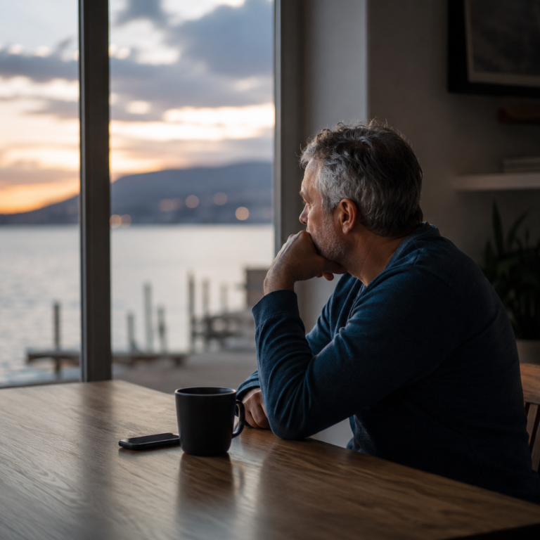 Nachdenklicher Mann über 50 sitzt allein am Tisch und blickt bei Sonnenuntergang aus dem Fenster auf den See.