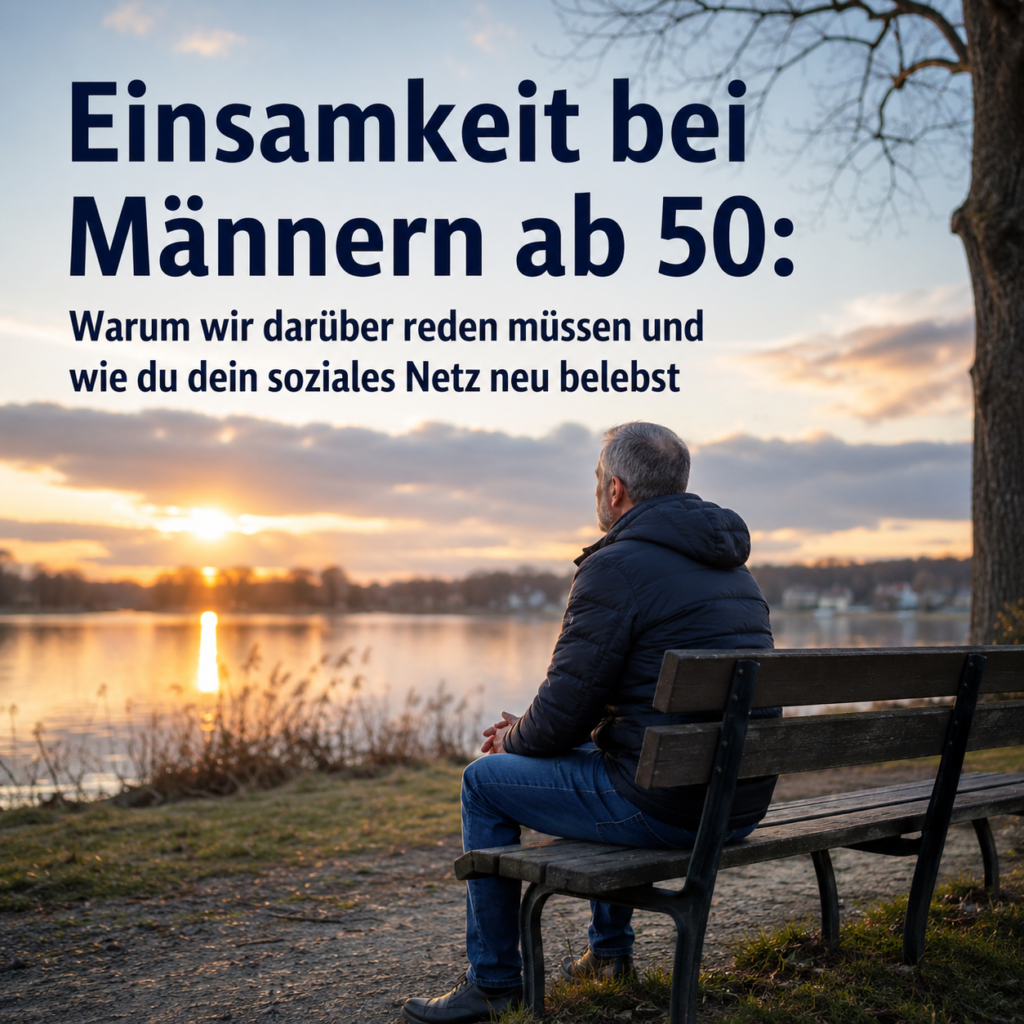 Nachdenklicher Mann über 50 sitzt allein auf einer Bank am See bei Sonnenuntergang und denkt über Einsamkeit und soziale Kontakte nach.