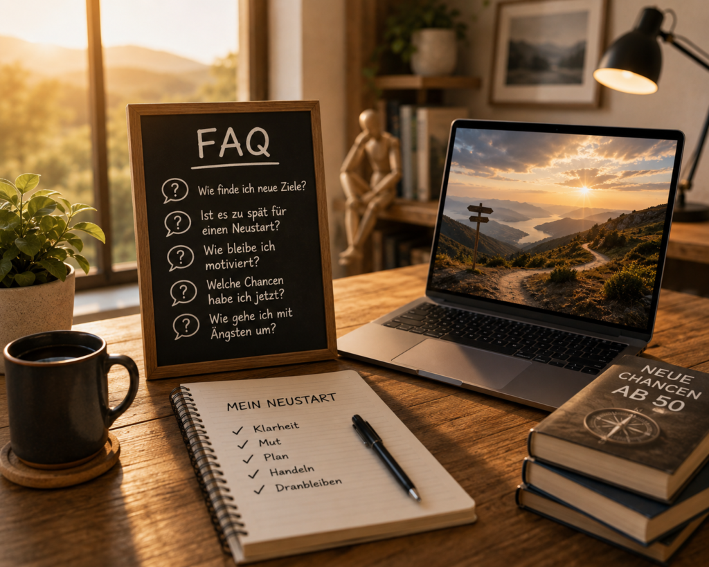 Arbeitsplatz mit FAQ-Tafel, Laptop und Notizbuch zum Thema Neustart ab 50 und persönliche Veränderung im Leben