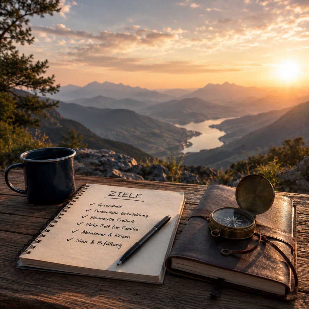 Notizbuch mit persönlichen Zielen, Kompass und Kaffee vor einer Berglandschaft bei Sonnenuntergang als Symbol für Klarheit und Neustart ab 50