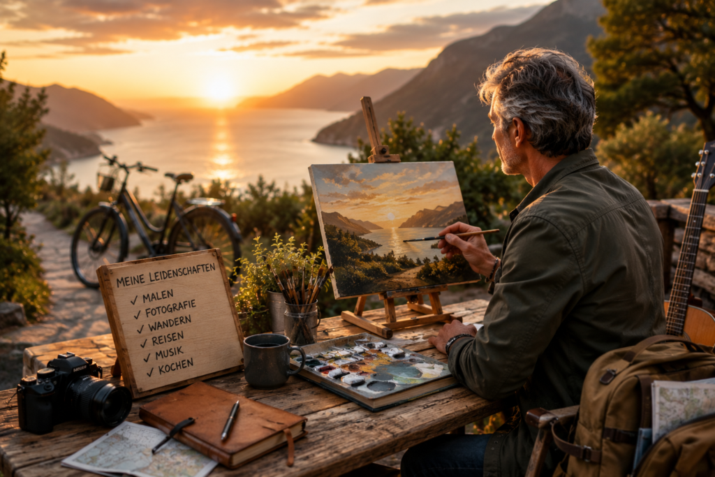 Mann über 50 malt bei Sonnenuntergang am See und entdeckt kreative Hobbys und neue Leidenschaften für seinen Neustart
