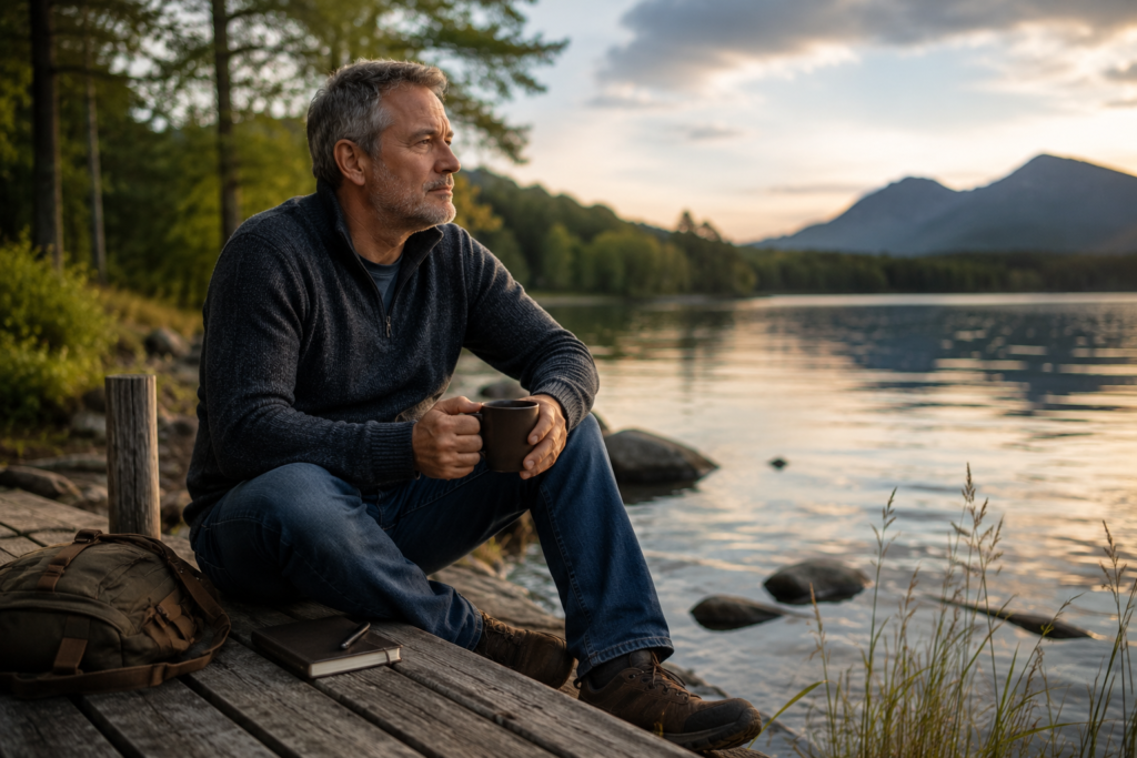 Mann über 50 sitzt entspannt allein am See und genießt ruhig die Natur und den Moment der Selbstreflexion.