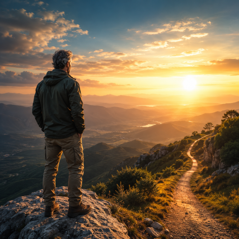 Mann über 50 blickt bei Sonnenuntergang auf eine weite Landschaft und symbolisiert einen Neuanfang im Leben