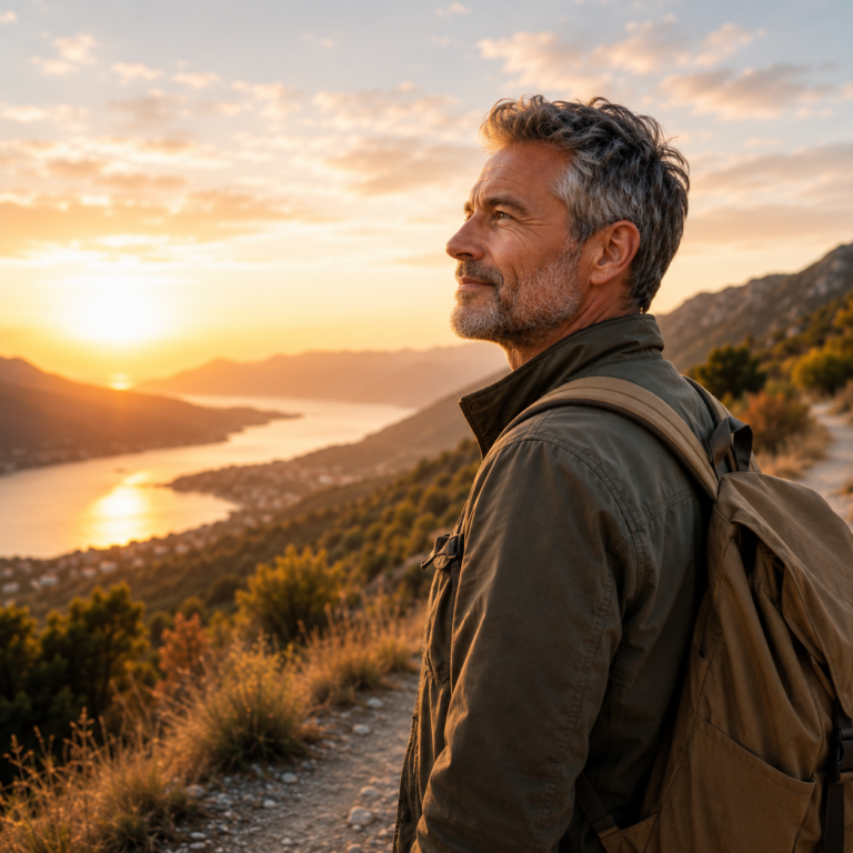 Mann über 50 steht bei Sonnenuntergang in der Natur und denkt über einen Neustart im Leben nach