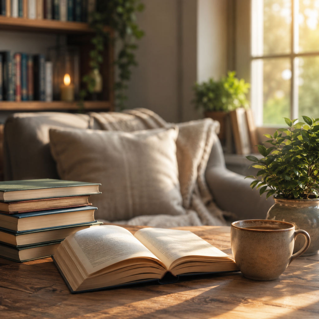 Gemütliche Leseecke mit Büchern und Kaffee im warmen Sonnenlicht als Symbol für Ruhe, Selbstfindung und Neustart ab 50