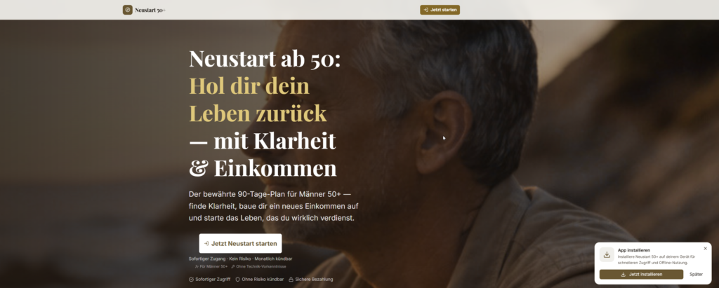 Landingpage von Neustart 50+ mit motivierendem Mann über 50 und der Botschaft für einen Neustart im Leben. Unzufrieden mit 50: Was tun? Dein Wegweiser für den echten Neustart. Unzufrieden mit 50