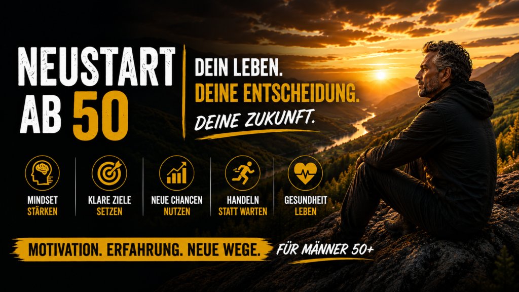 Mann über 50 blickt motiviert bei Sonnenuntergang in die Ferne. Banner zum Thema Neustart ab 50, Motivation und persönliche Entwicklung für Männer 50+.