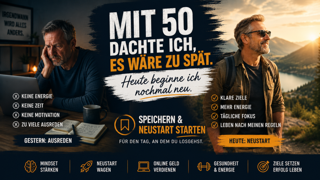 Pinterest-Profilbanner mit einem Mann über 50 im Vorher-Nachher-Stil, der seinen Neustart im Leben beginnt und motiviert in die Zukunft blickt.