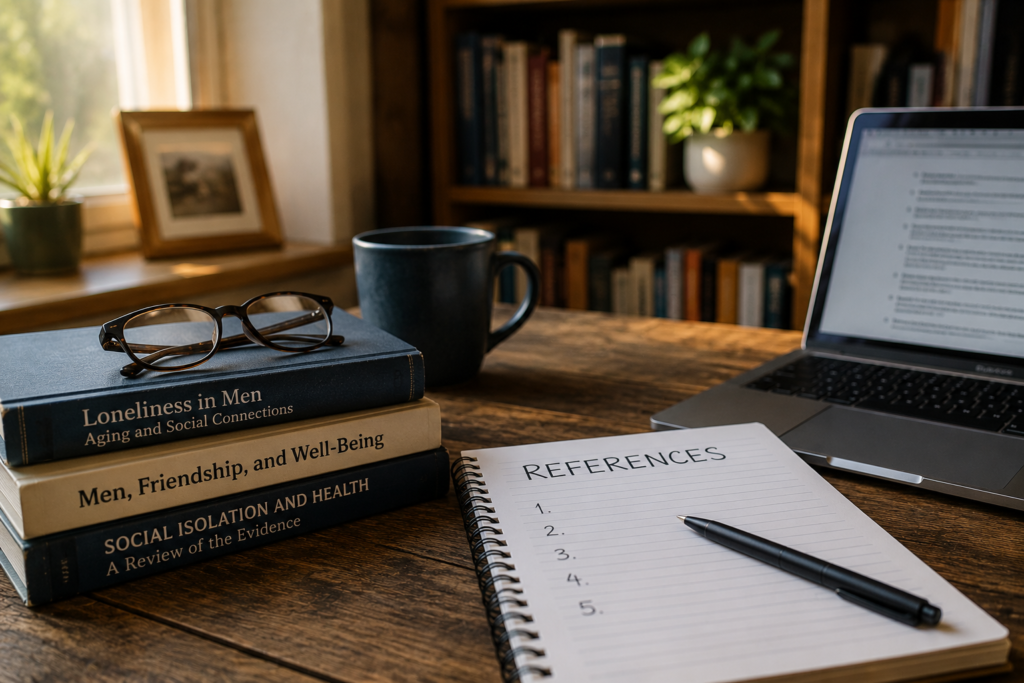 Schreibtisch mit Büchern, Laptop und Notizblock zum Thema Einsamkeit, Freundschaften und mentale Gesundheit bei Männern über 50.