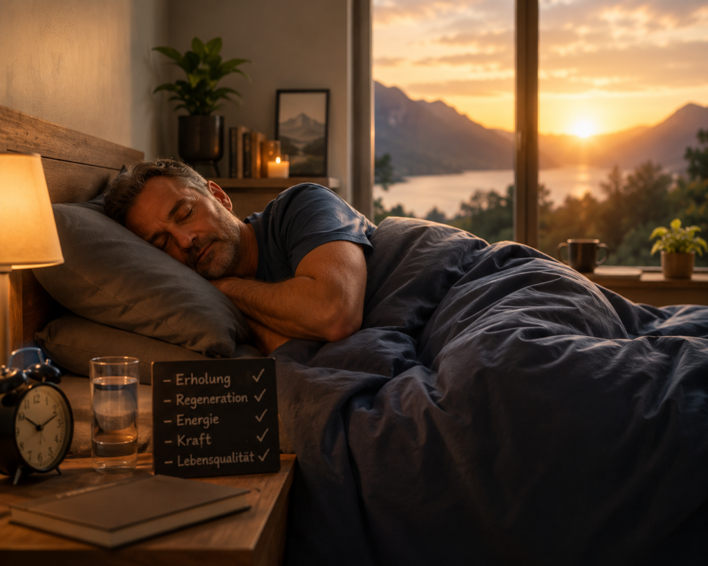 Entspannter Mann schläft friedlich in einem gemütlichen Schlafzimmer mit Sonnenaufgang als Symbol für Regeneration und neue Energie ab 50