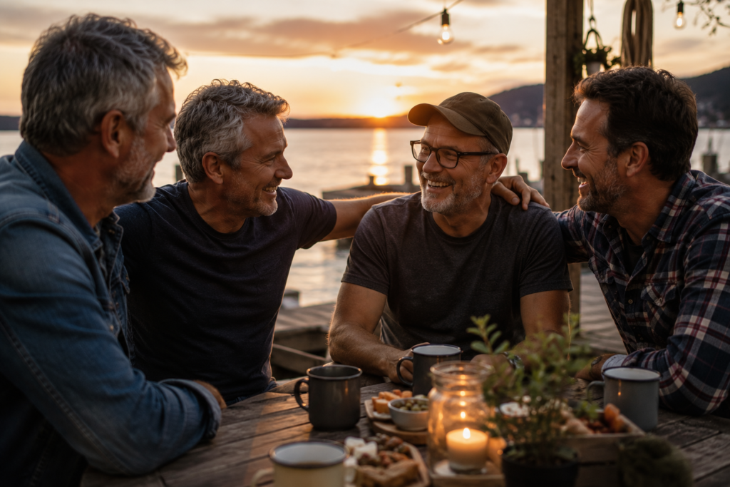 Mehrere Männer über 50 sitzen gemeinsam lachend am Tisch am See und genießen Freundschaft und Gemeinschaft.