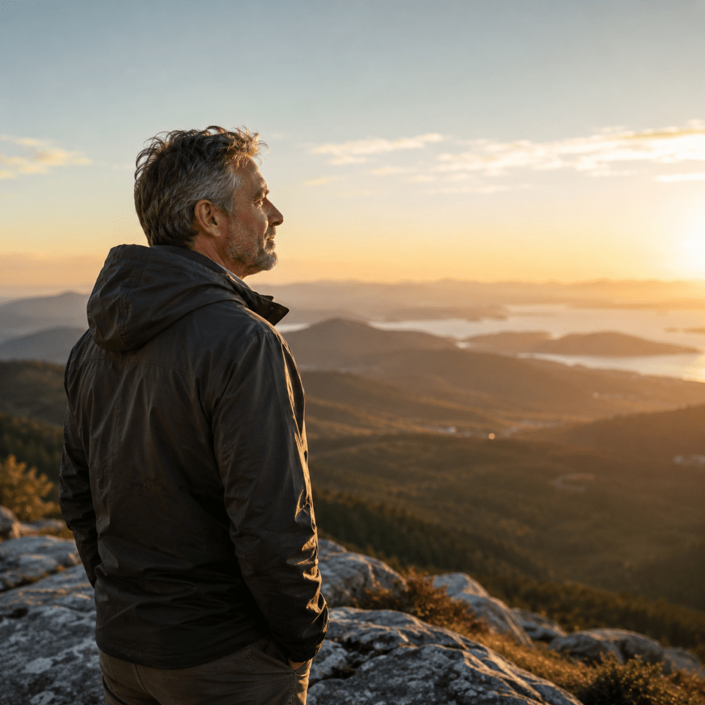 Mann über 50 blickt bei Sonnenaufgang optimistisch in seine Zukunft. Neustart mit 50