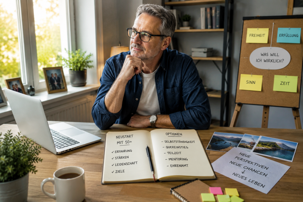Mann über 50 plant in seinem Homeoffice seine berufliche Neuorientierung und neue Karriereziele