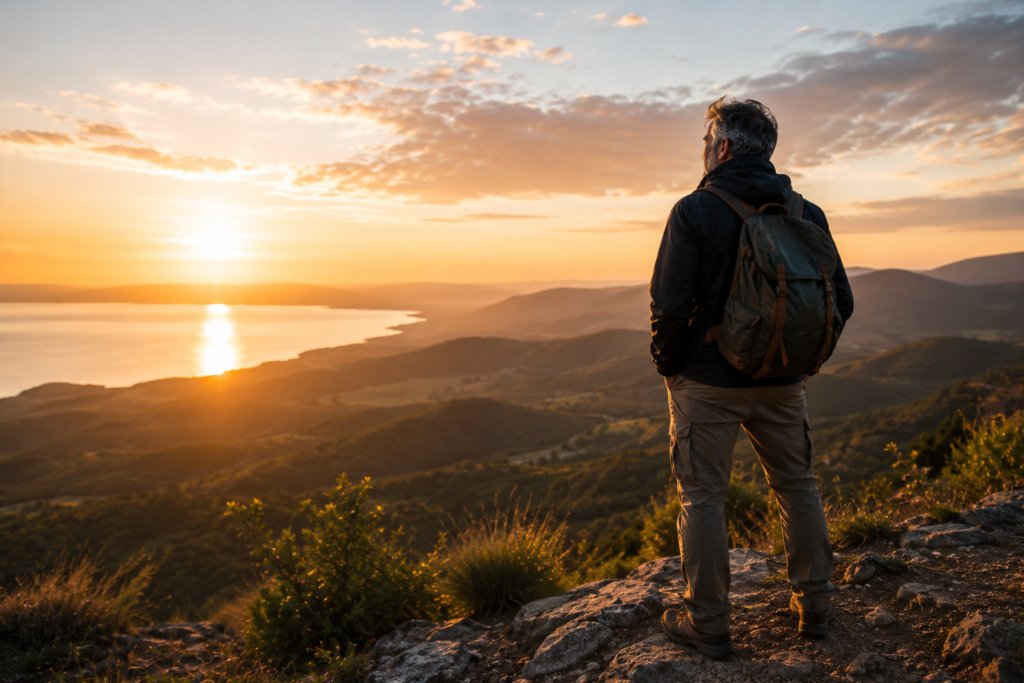 Mann über 50 blickt bei Sonnenuntergang über eine weite Landschaft und startet motiviert in einen neuen Lebensabschnitt