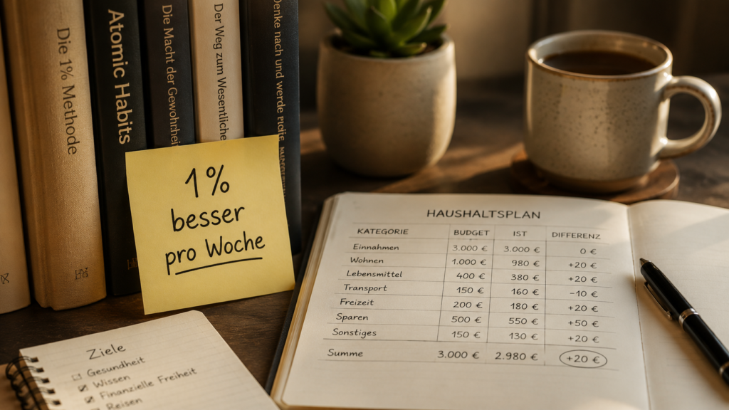 Notizzettel „1 % besser pro Woche“ auf einem Buch neben einem Haushaltsplan – kleine Gewohnheiten führen zu langfristigem Erfolg.