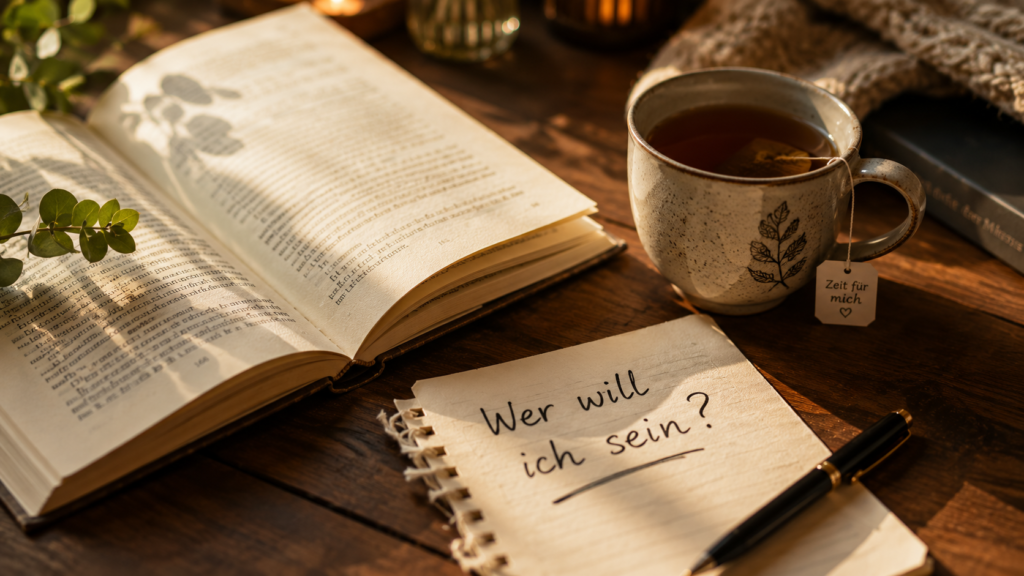 Aufgeschlagenes Buch mit einer Tasse Tee und Notizzettel „Wer will ich sein?“ – Lesen regt zum Nachdenken an.