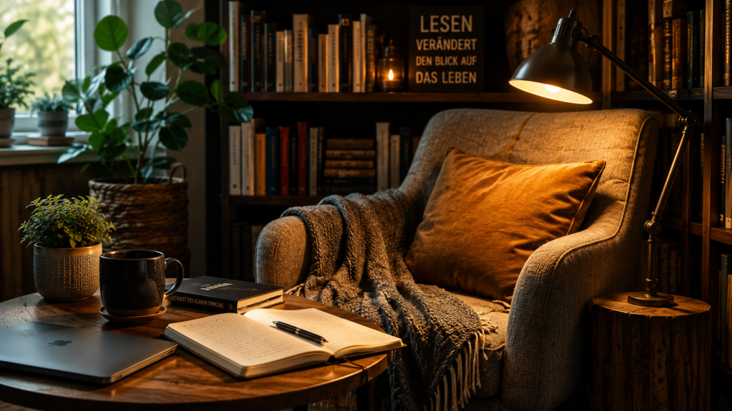 Gemütliche Leseecke mit Sessel, Leselampe, Buch, Notizbuch und geschlossenem Laptop – ideal zum Lesen und Nachdenken.