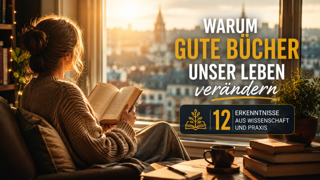 Person liest ein Buch am Fenster und blickt auf die Stadt – Lesen eröffnet neue Perspektiven und inspiriert.